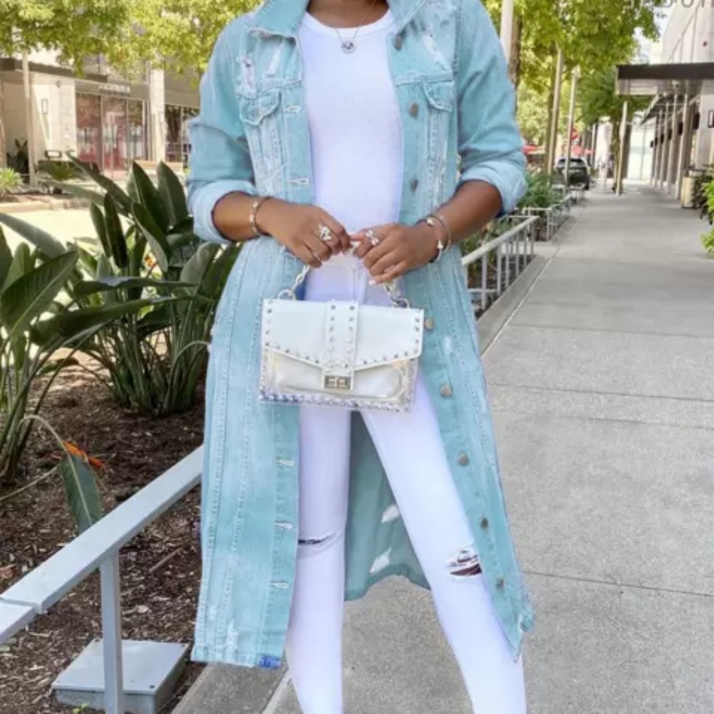 Womens long trench coat light blue